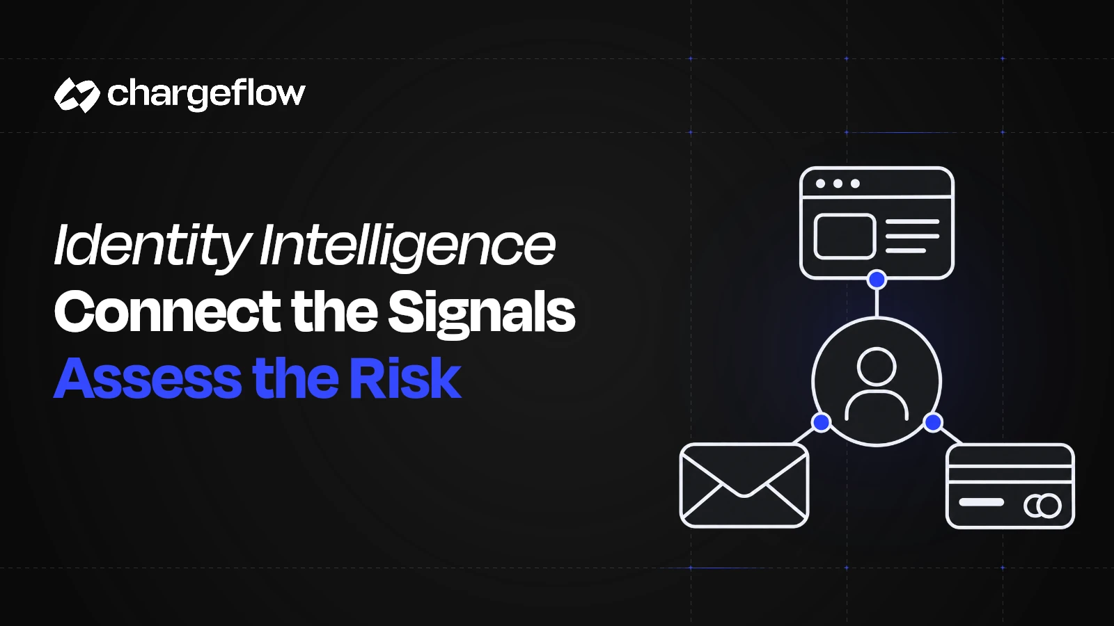 A flat buyer identity-link diagram beside the headline Identity Intelligence Connect the Signals Assess the Risk.