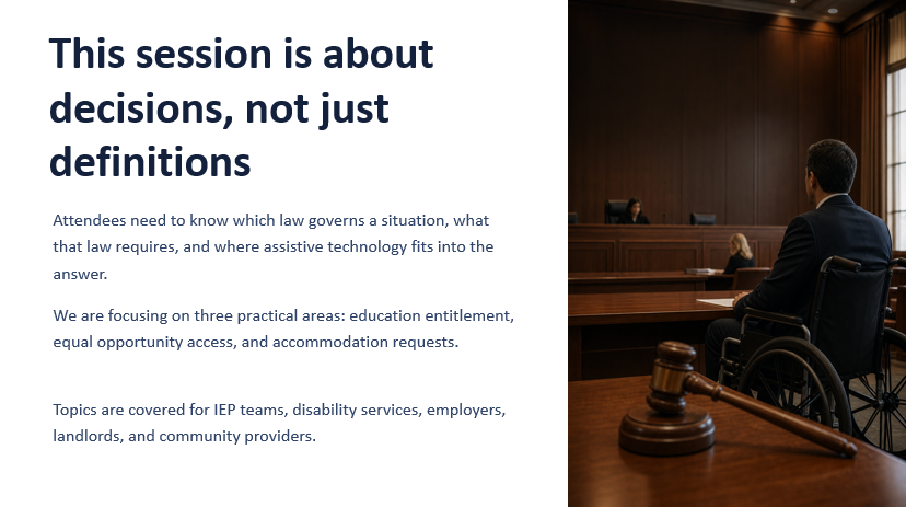 Slide Image states This session is about decisions, not just definitions and includes a photo of a man in a wheelchair facing a judge an a court room.