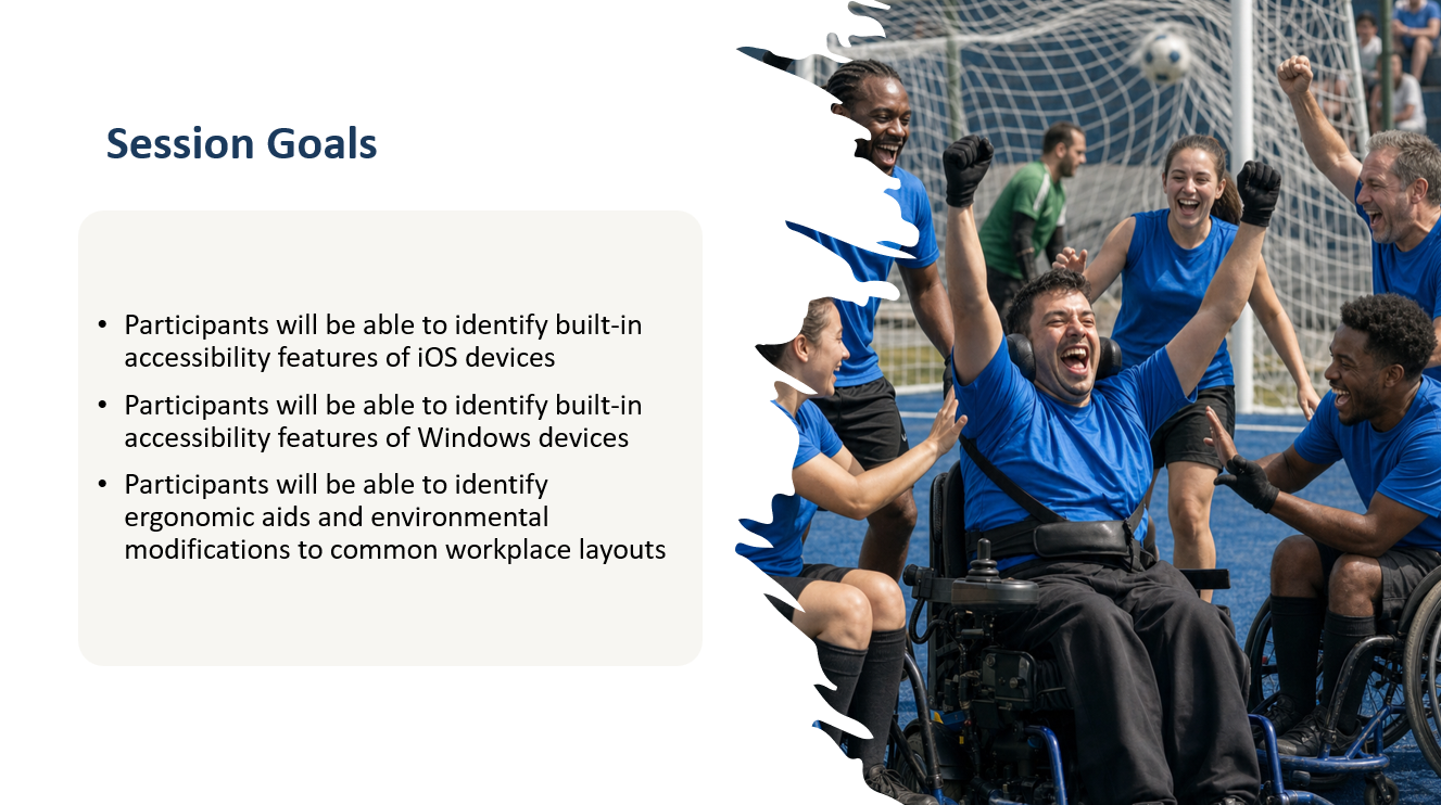 Everyday Accessibility Goals features a man in a wheelchair surrounded by his team in front of a soccar goal with his arms raised in trumph.