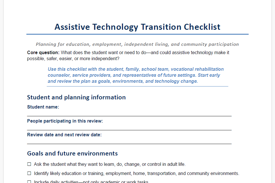 Image of Assistive Technology Transition Checklist