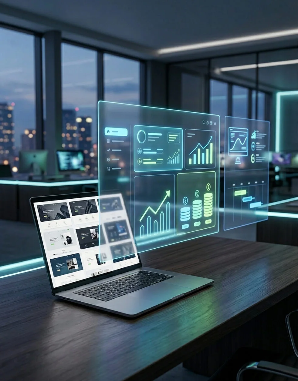 Affordable web design process showing a modern small business website being designed on a laptop with mobile-friendly layout and marketing tools