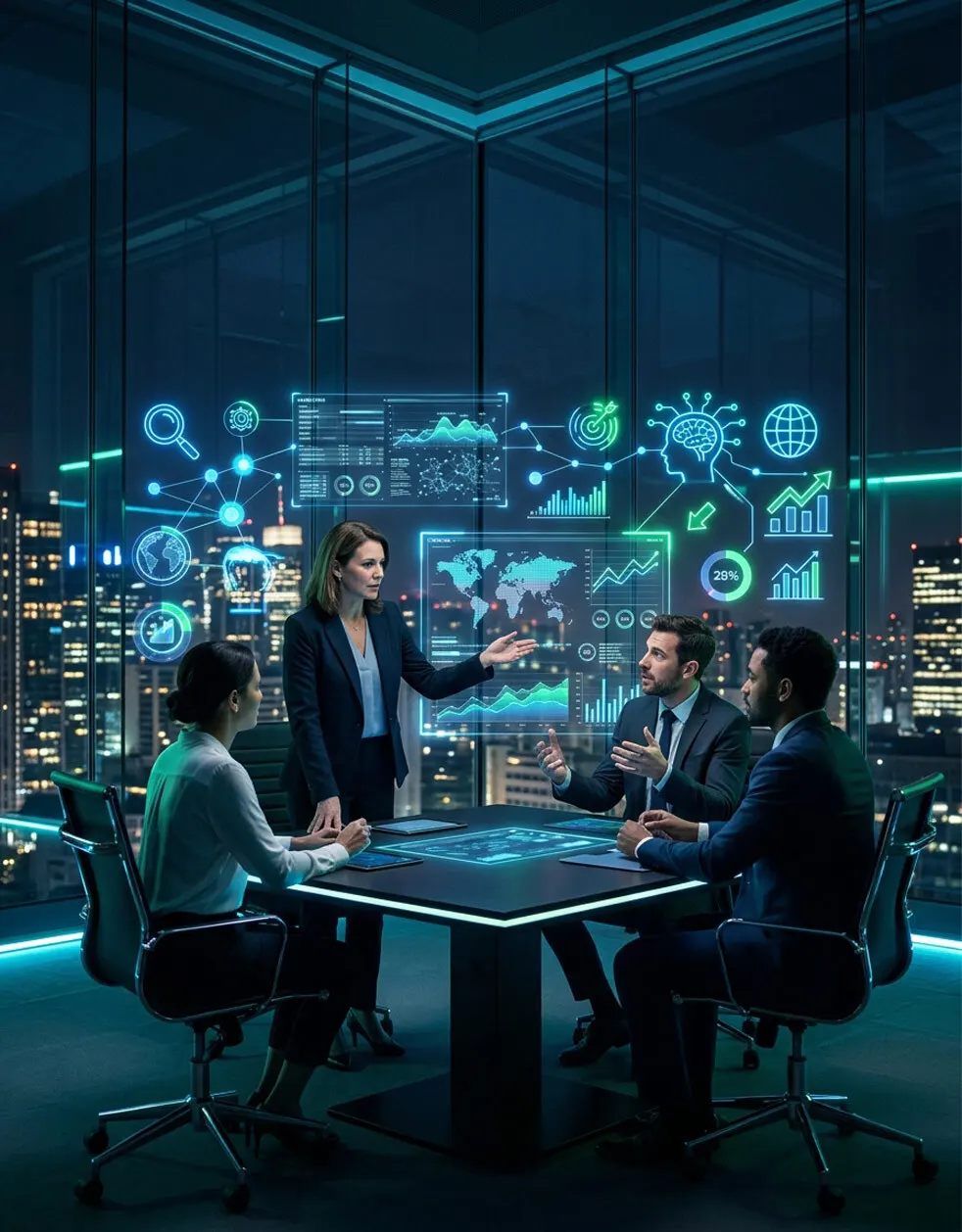 Business meeting discussing performance marketing agency strategy with charts showing SEO, Google Ads, social media marketing, and web design performance metrics