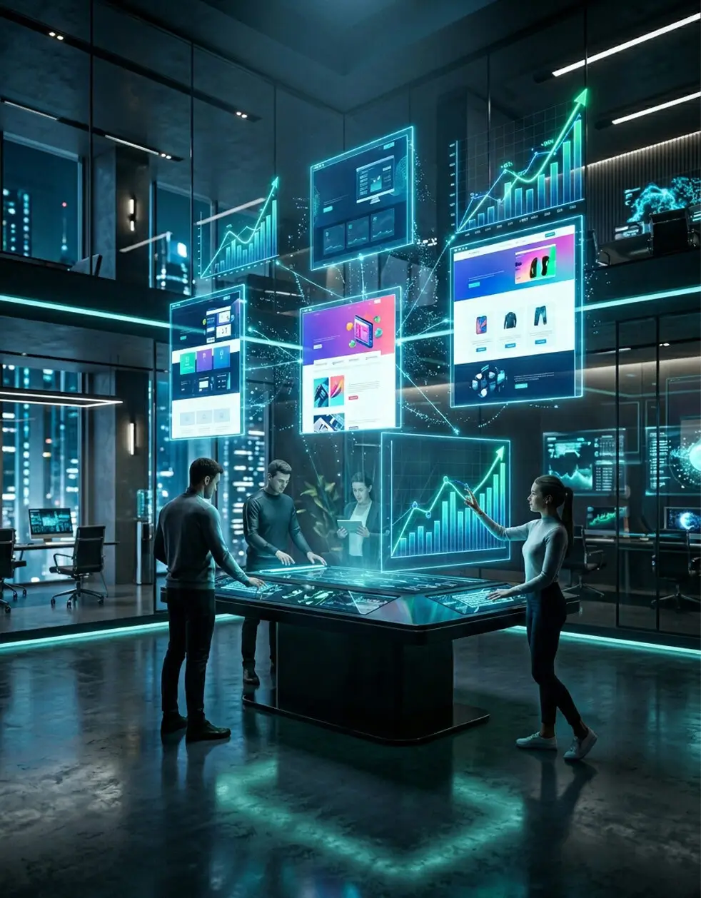 business team reviewing website layouts and analytics while choosing web design firms for business growth