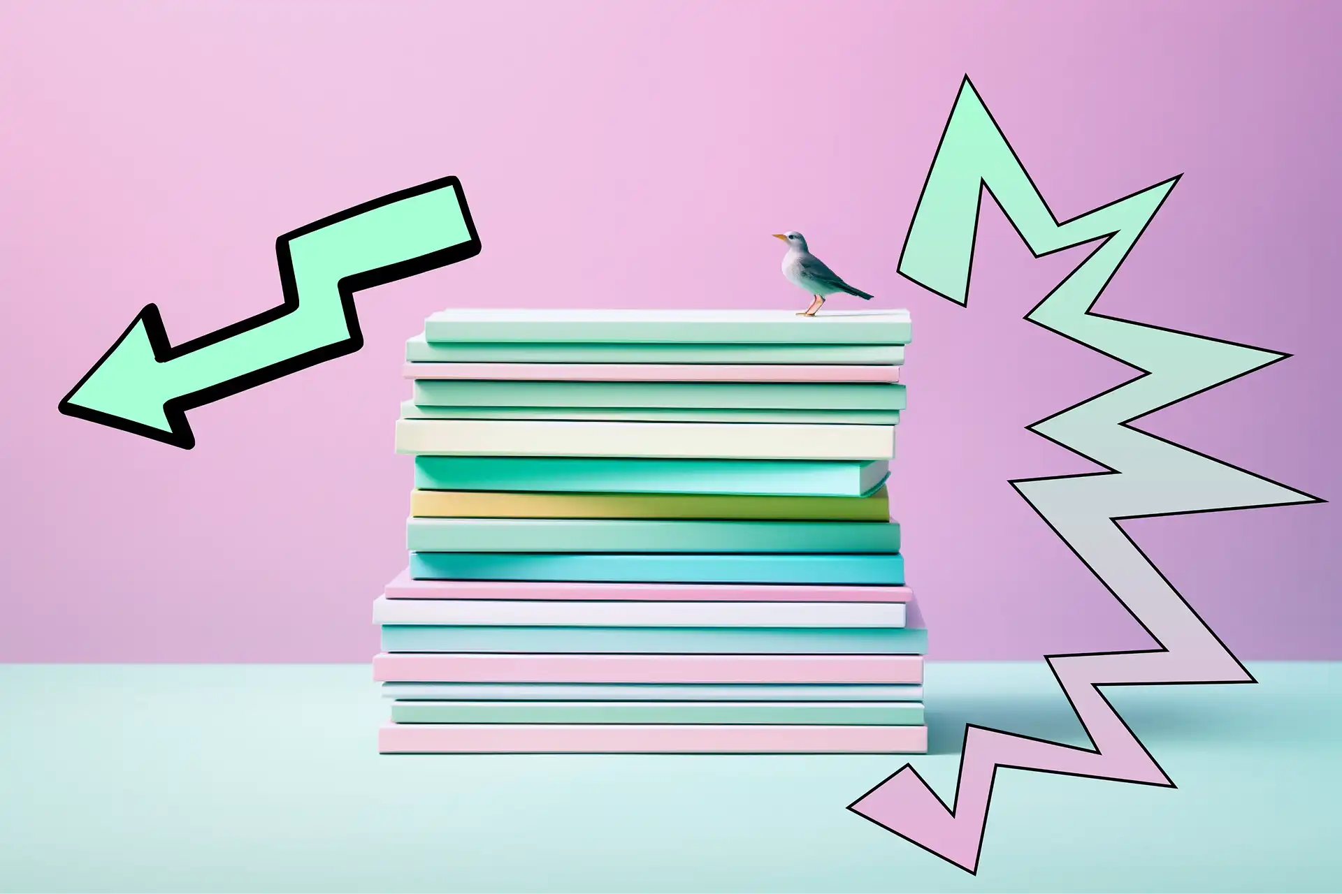 a stack of green and pink books