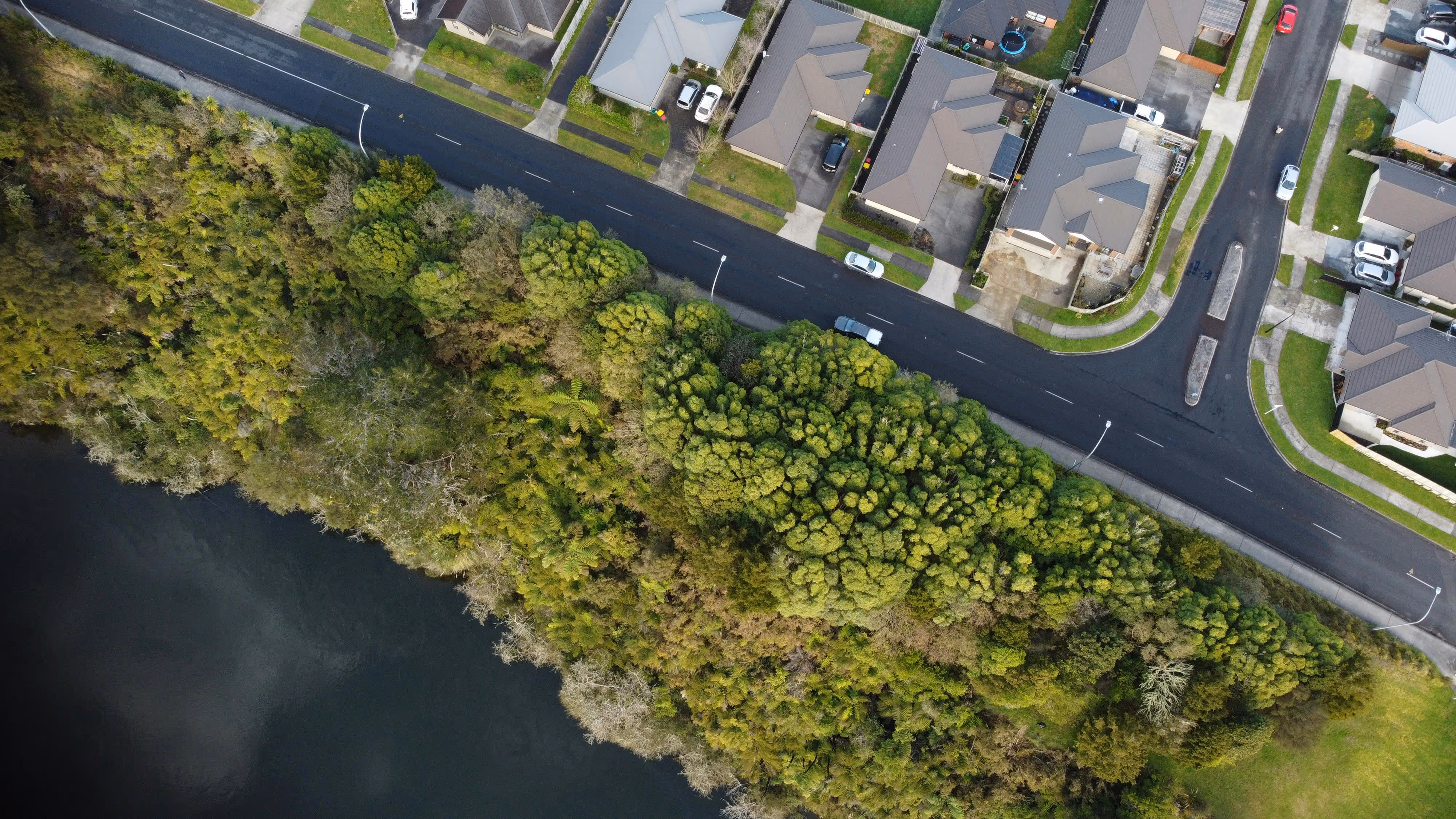 Birds-eye view of a riverside community in New Zealand