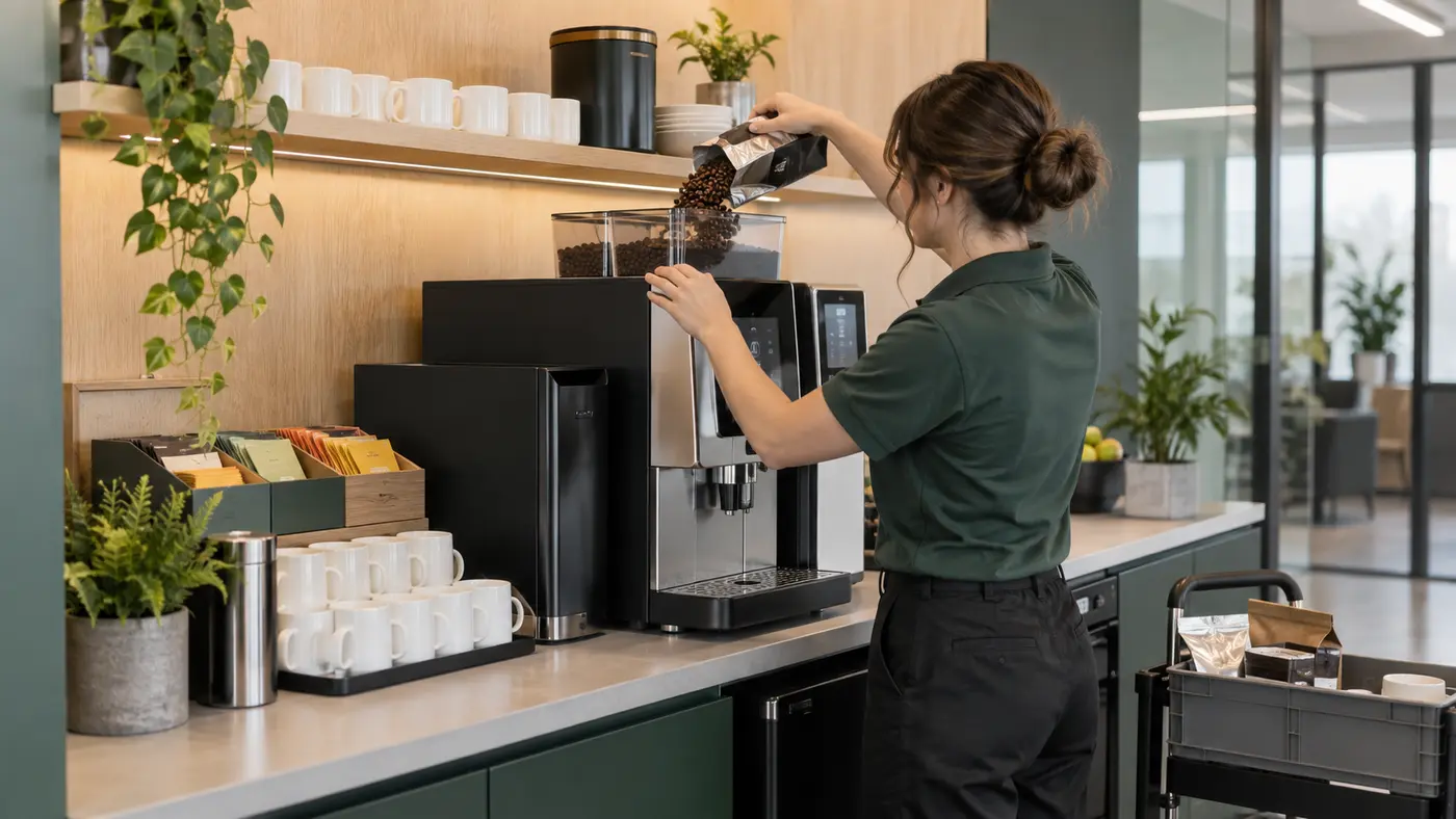 Réapprovisionnement quotidien d’une machine à café en entreprise