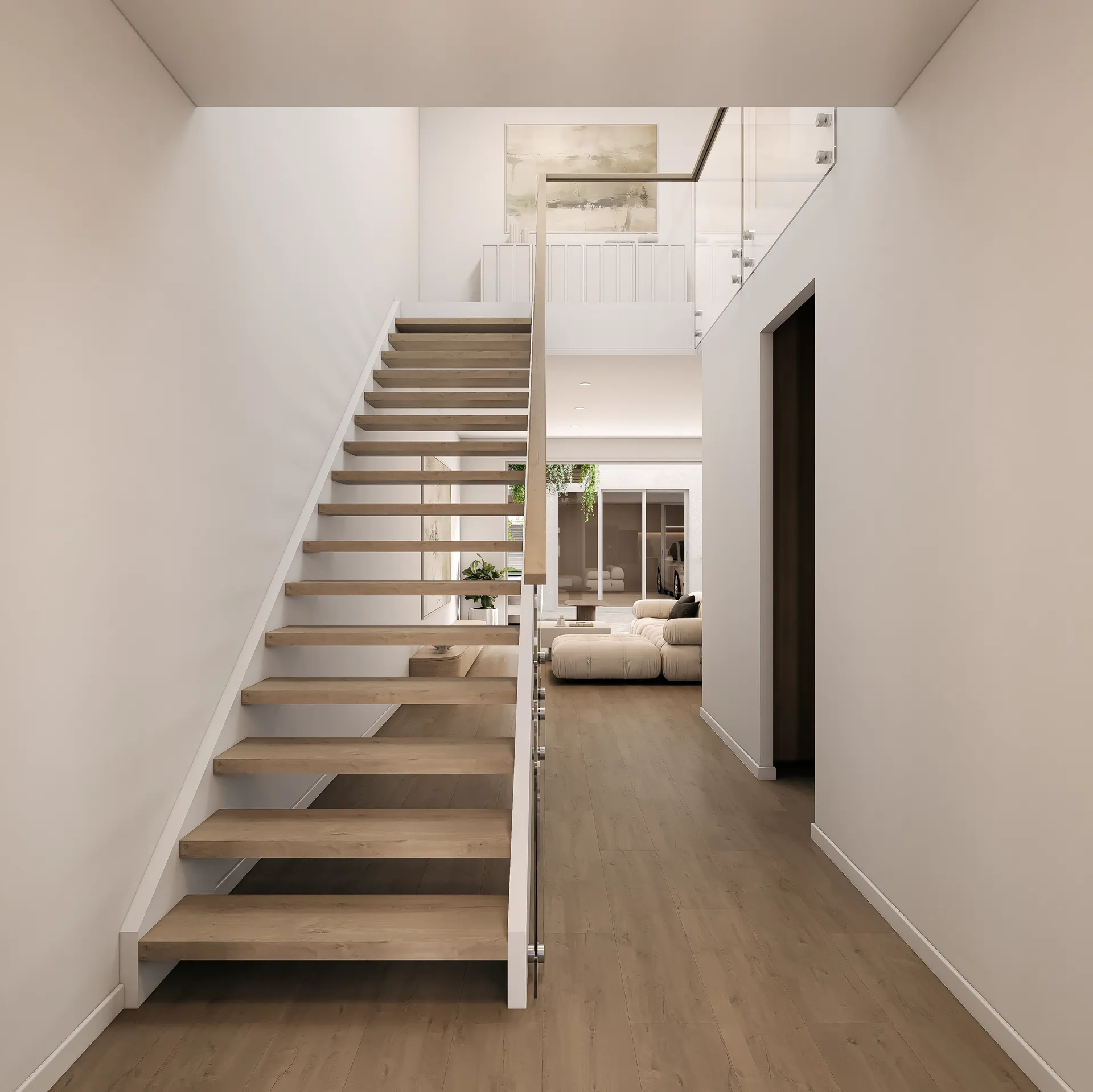 Row of modern two-story townhouses with garages, large windows, trees, and green lawn in front under a blue sky.