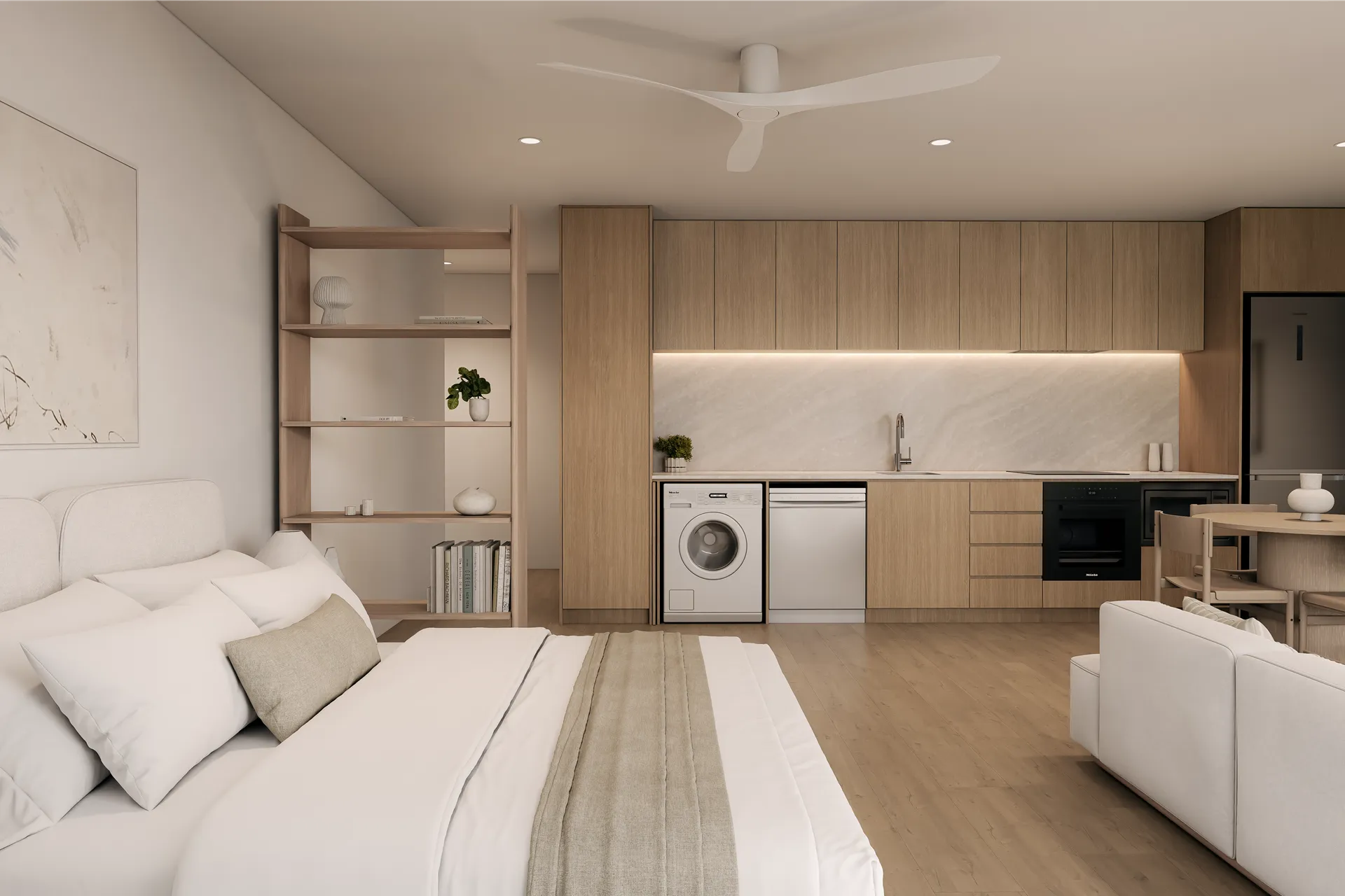 Row of modern two-story townhouses with garages, large windows, trees, and green lawn in front under a blue sky.