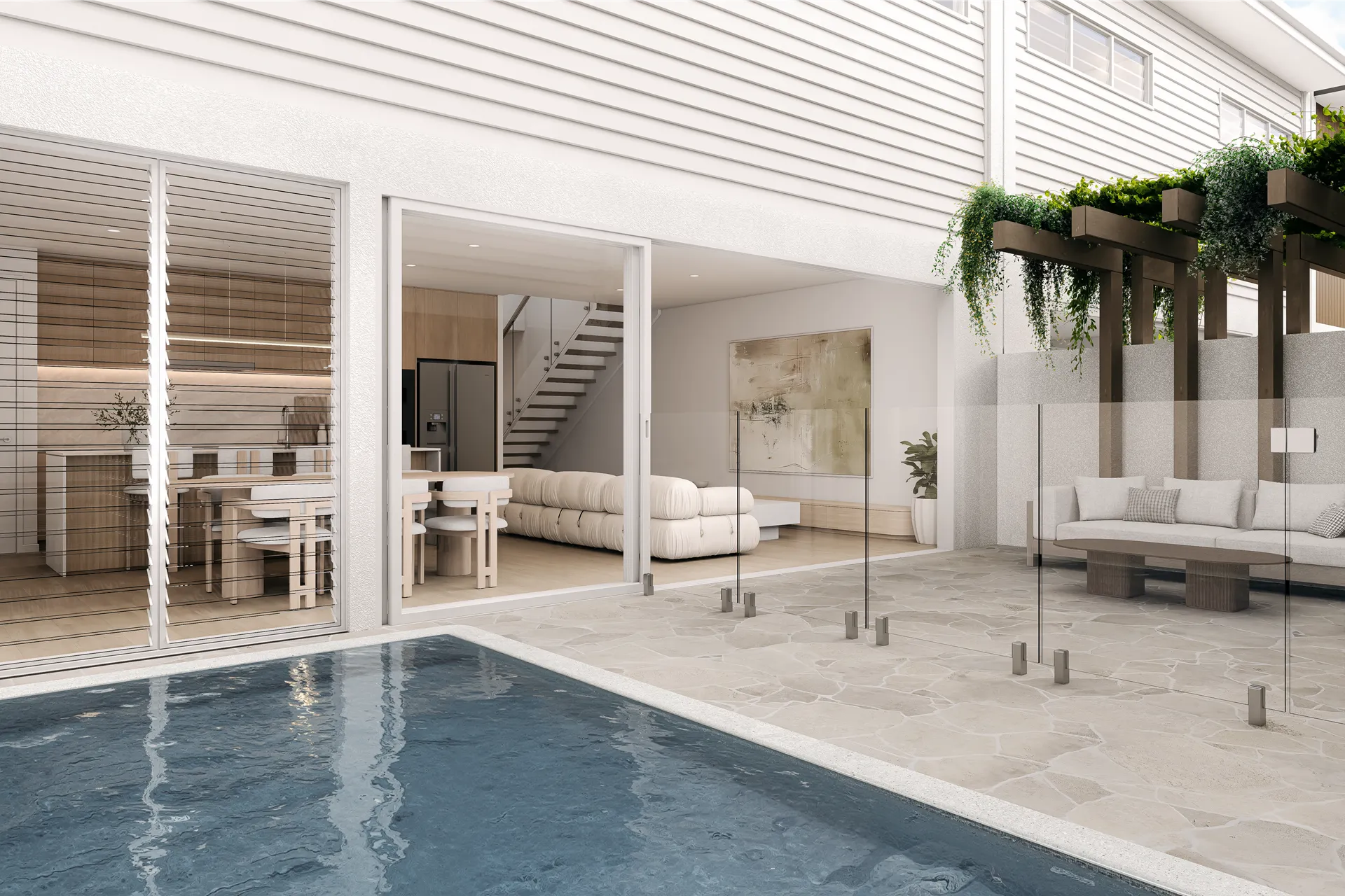 Street view of modern two-story townhouses with landscaped front yards and a sidewalk under a partly cloudy sky.