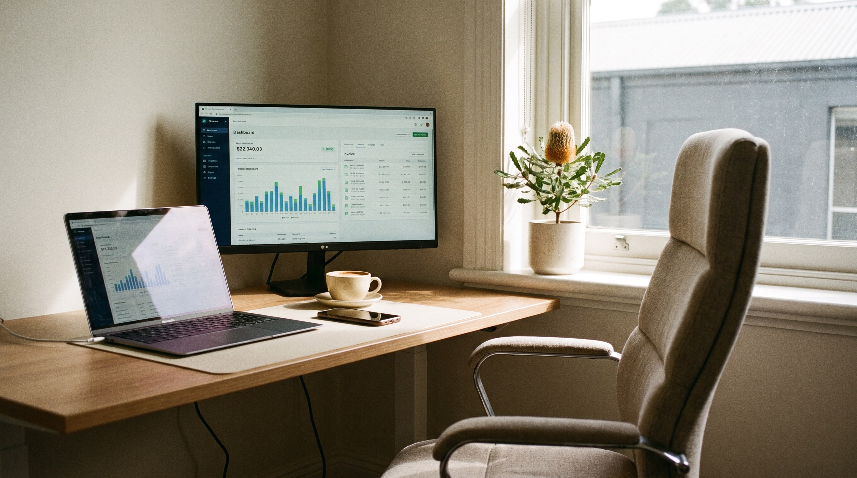 Small business office desk with a laptop and monitor showing a finance dashboard and bank balance, illustrating profitable but no cash flow.