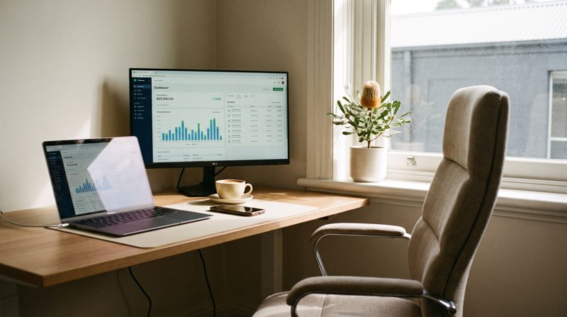 Office desk with a finance dashboard on screen, thumbnail for a post about profitable but no cash flow.