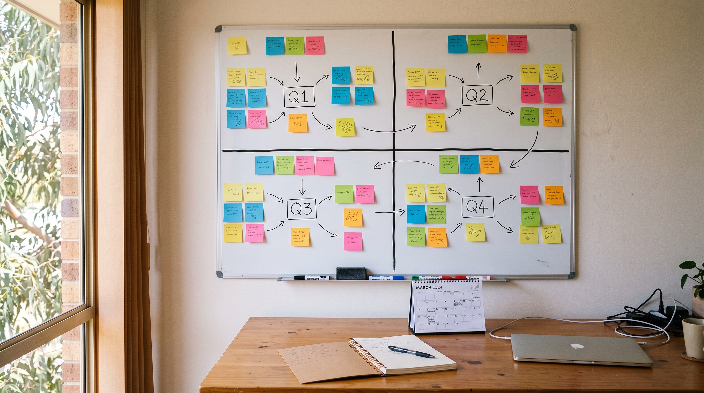 A quarterly planning whiteboard divided into four sections with sticky notes above a desk with a notebook and calendar, illustrating 90 day business planning.