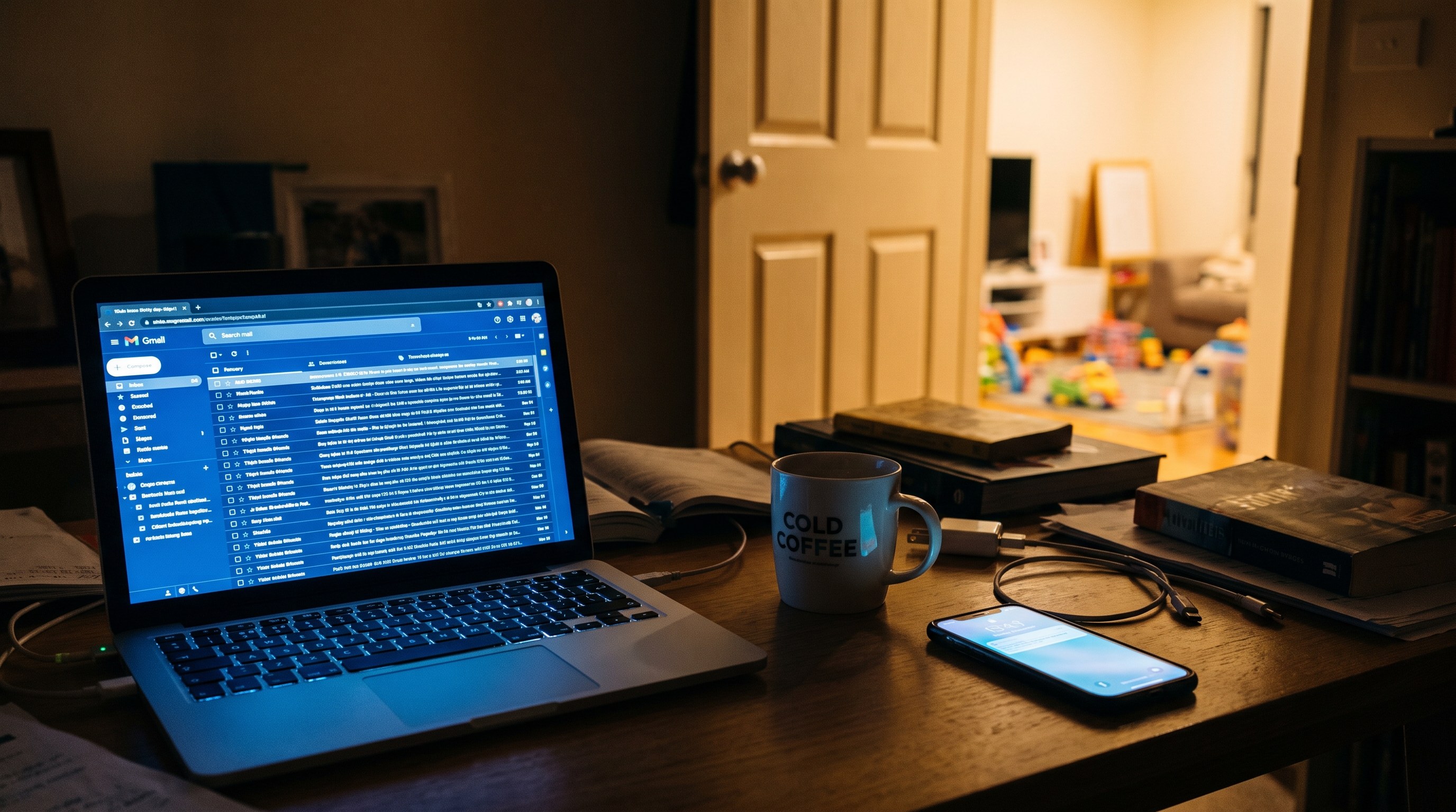 A home office desk at night with a glowing laptop and phone while warm family light spills through a doorway, illustrating work life balance for business owners.