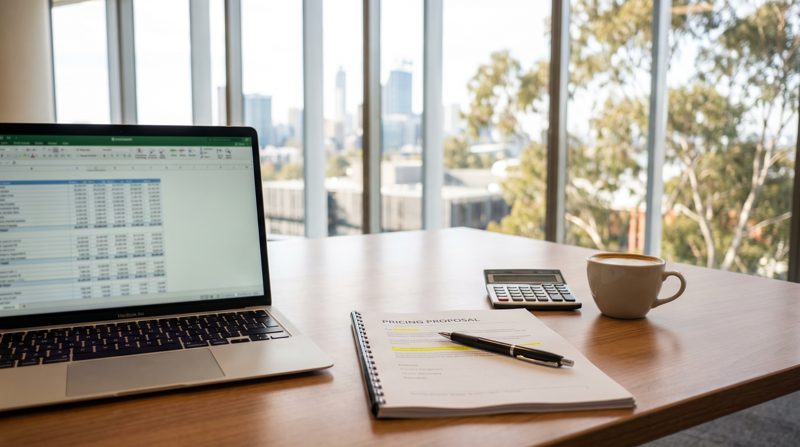 Laptop with a pricing table on an executive desk, thumbnail for a post about how to raise prices without losing customers.