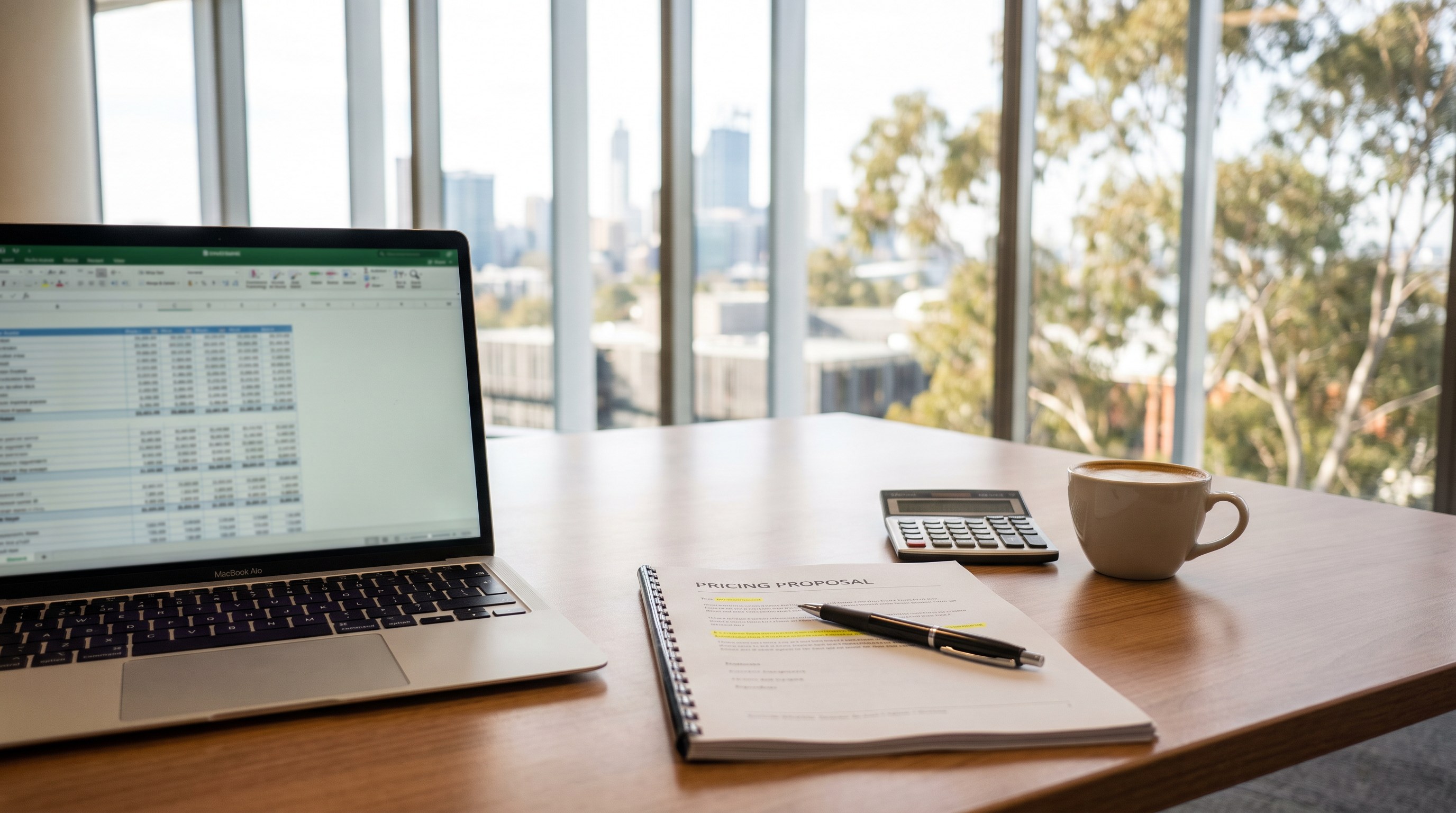 An executive desk with a laptop showing a pricing table and a printed proposal with one line highlighted, illustrating how to raise prices without losing customers.