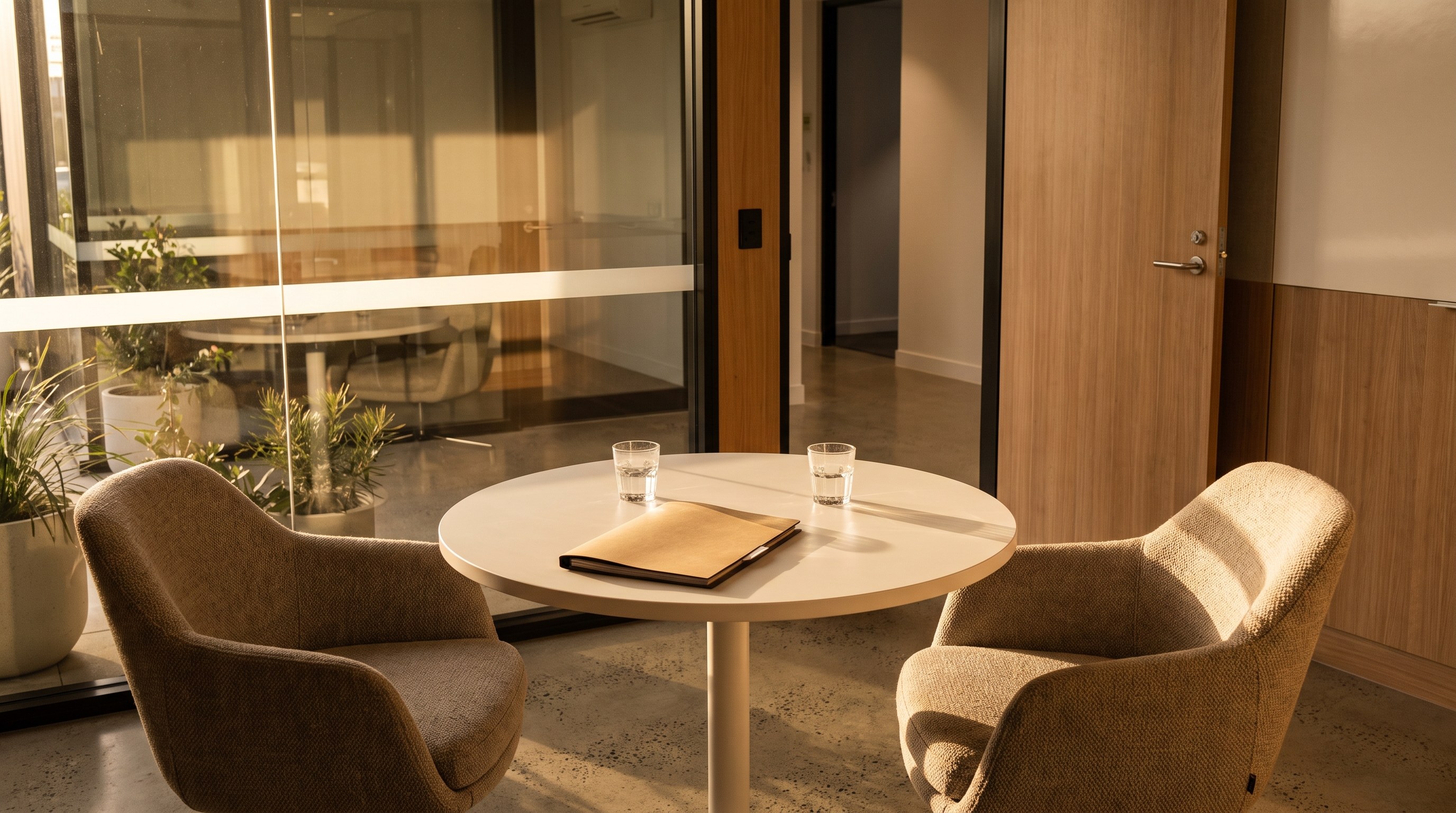 A private meeting room with two chairs facing each other across a clean table, illustrating what to do with an underperforming employee.