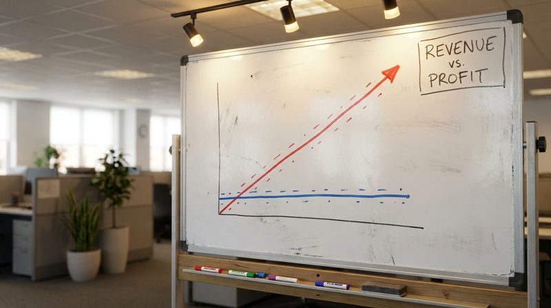 Whiteboard graph of rising revenue against flat profit, thumbnail for a post about revenue vs profit.