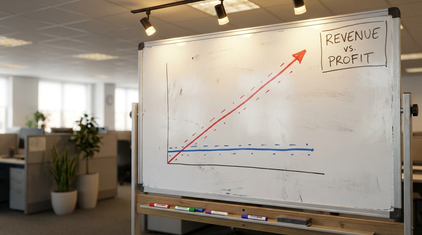 A whiteboard graph showing a rising revenue line and a flat profit line, illustrating revenue vs profit in a small business.
