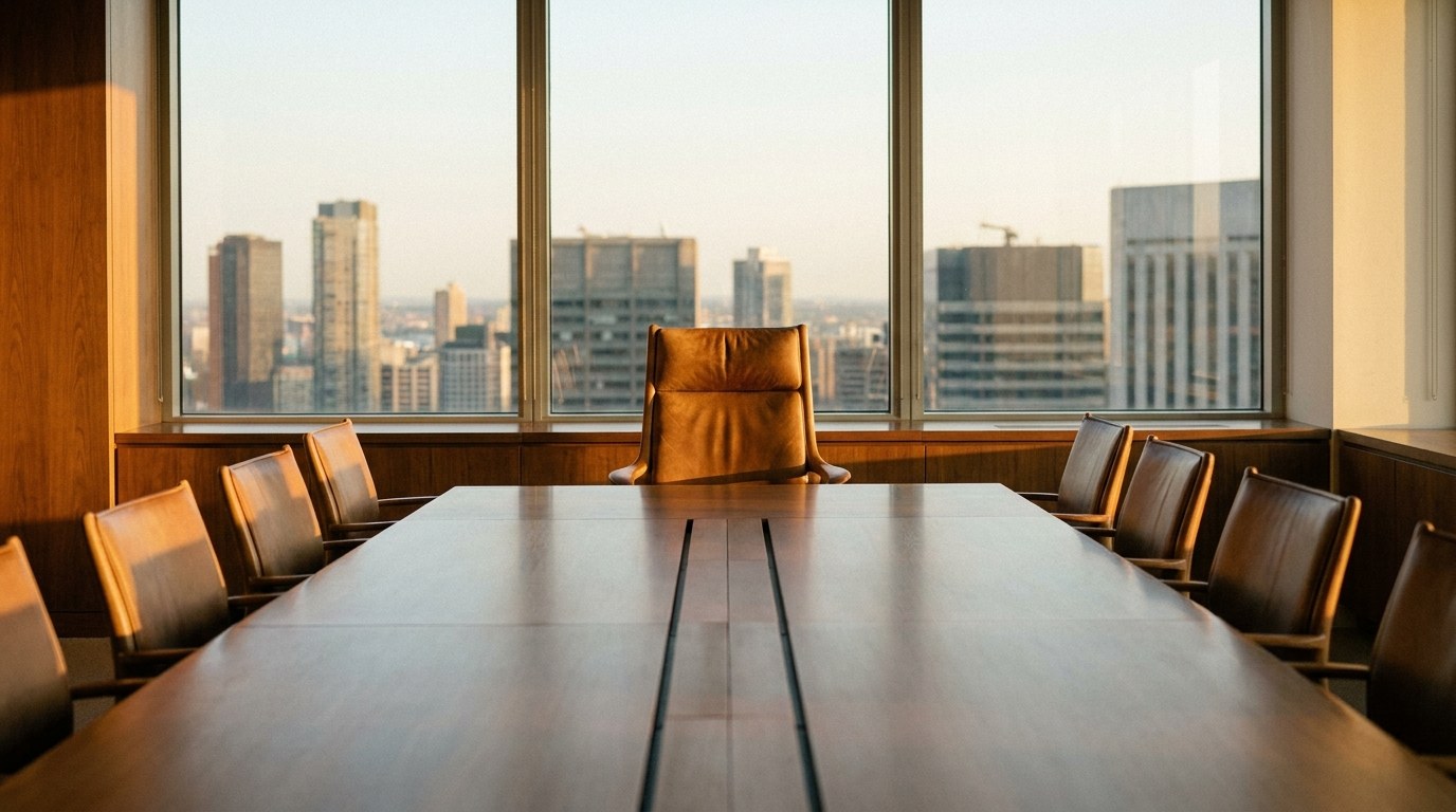 An empty boardroom with one chair at the head of the table facing a city skyline, illustrating business owner loneliness.