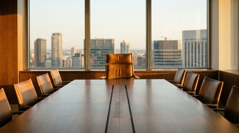 An empty boardroom with one chair at the head of the table facing a city skyline, illustrating business owner loneliness.