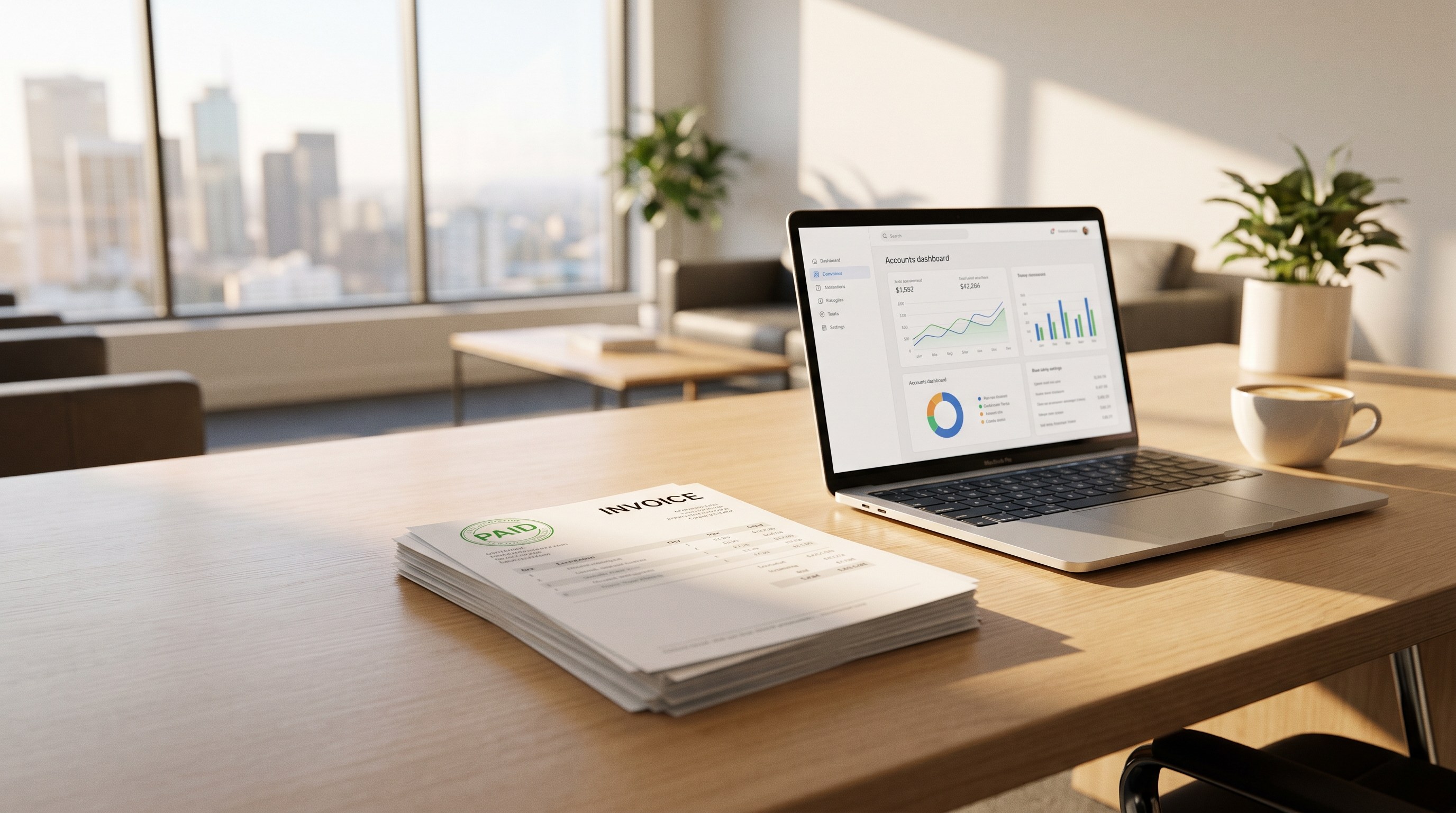A stack of invoices with a green paid stamp on an executive desk beside a laptop, illustrating how to get customers to pay invoices on time.