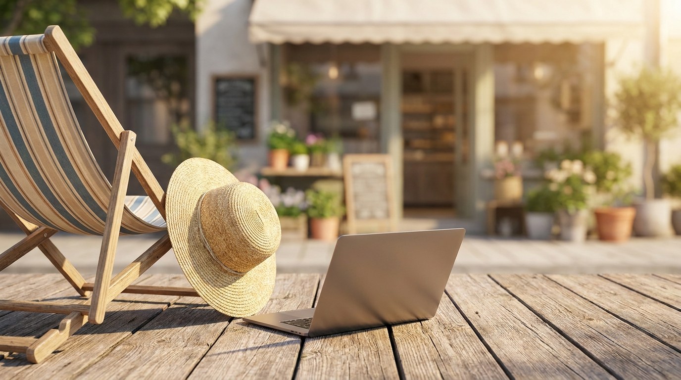 Deck chair, straw hat and closed laptop in the sun, illustrating the holiday test of whether a business can run without the owner.