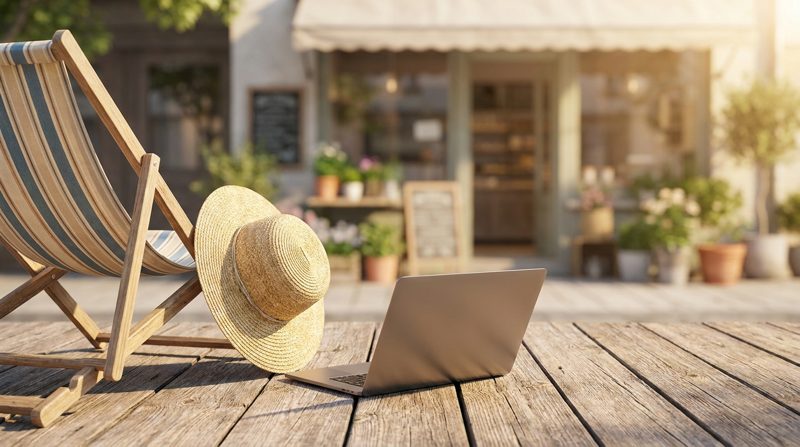 Deck chair and closed laptop in the sun, thumbnail for a post on whether a business can run without the owner.
