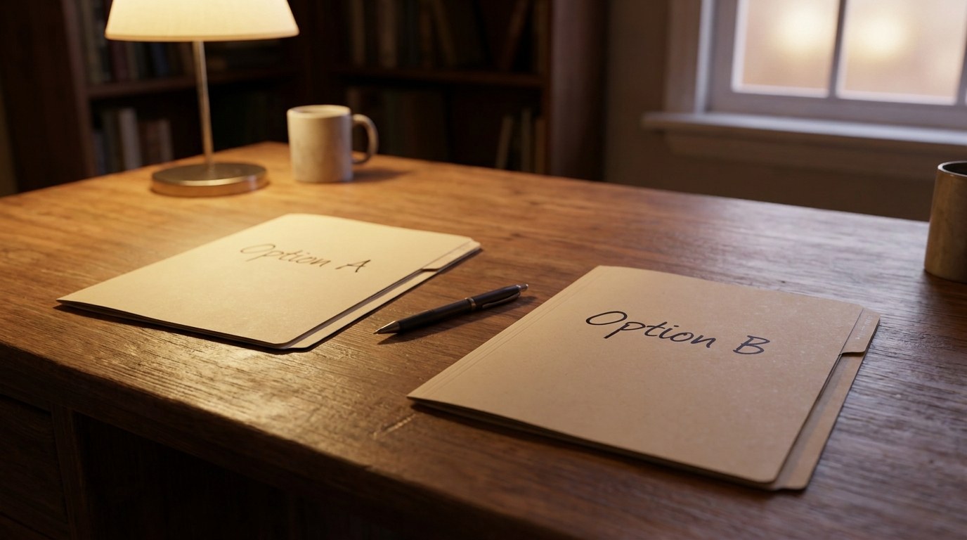 Two folders labelled Option A and Option B with a pen on a desk, illustrating decision making for business owners.
