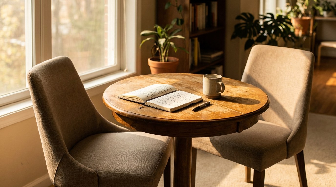 Two chairs facing each other at a small table with a notebook and coffee, set up for honest feedback to an employee.
