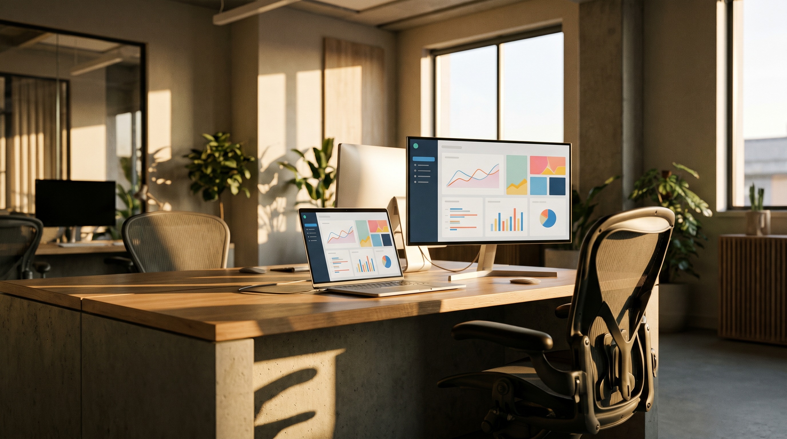 Laptop and monitor showing business dashboards on an empty desk in a modern tech office, illustrating how to build a business you can sell.