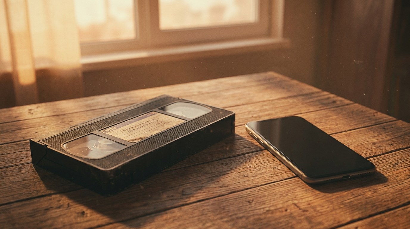 Worn VHS tape beside a modern smartphone on a wooden table, illustrating how small businesses stay relevant instead of fading like Blockbuster.