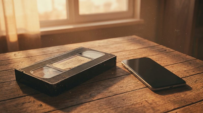 VHS tape next to a smartphone on a wooden table, thumbnail for a post on how small businesses stay relevant.
