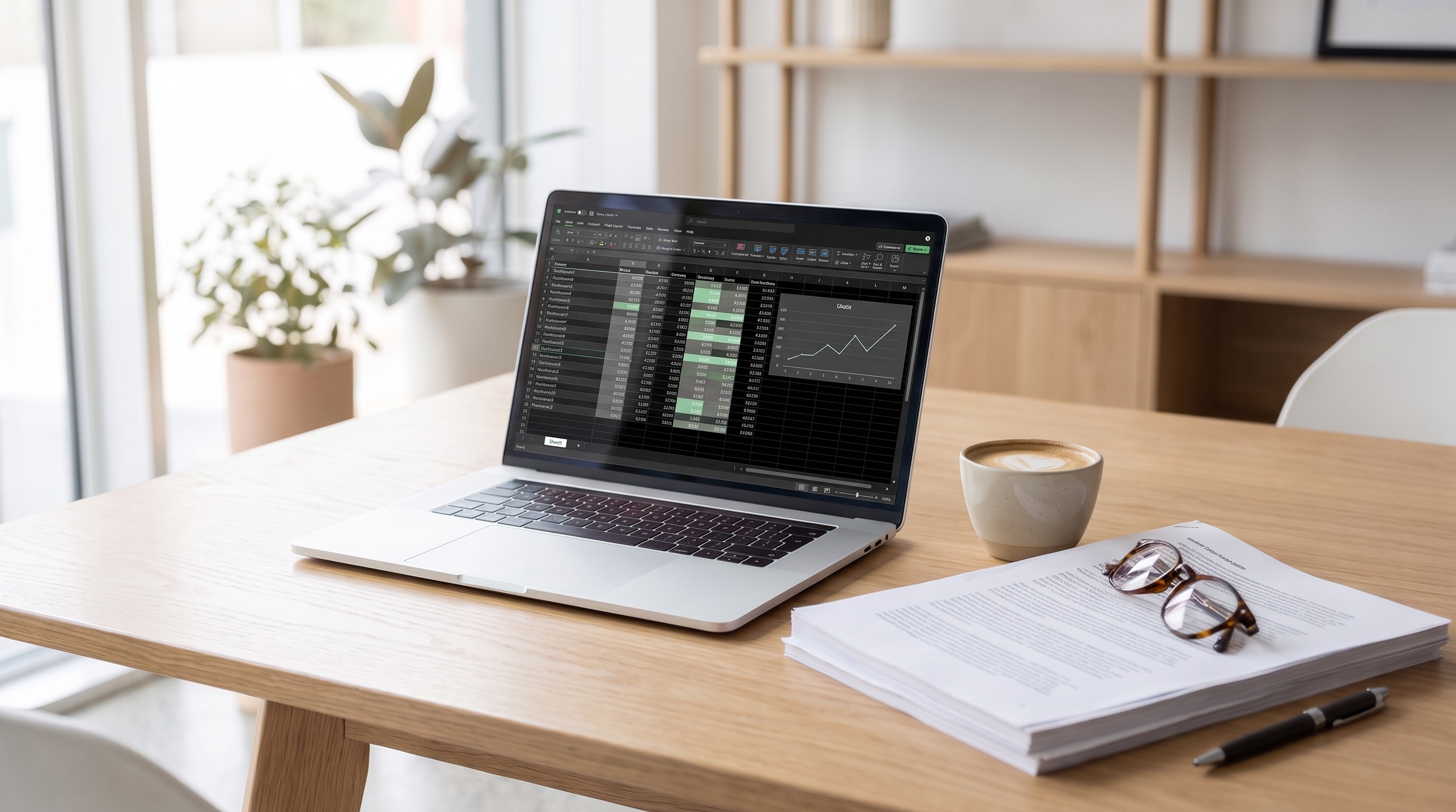 Laptop showing a spreadsheet beside a coffee and a printed financial report turned face down with reading glasses on it