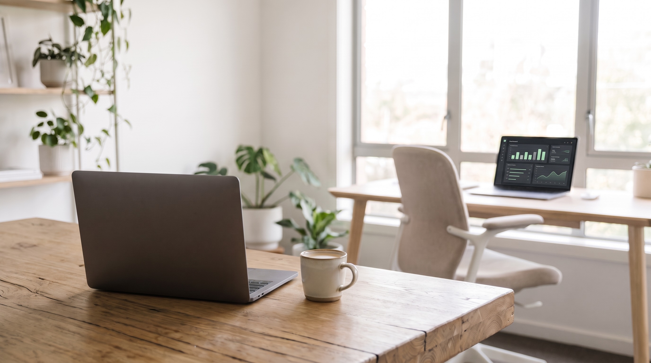 Business owner's closed laptop and coffee in the foreground, a colleague's desk across the office with the chair pushed back and a dashboard on screen