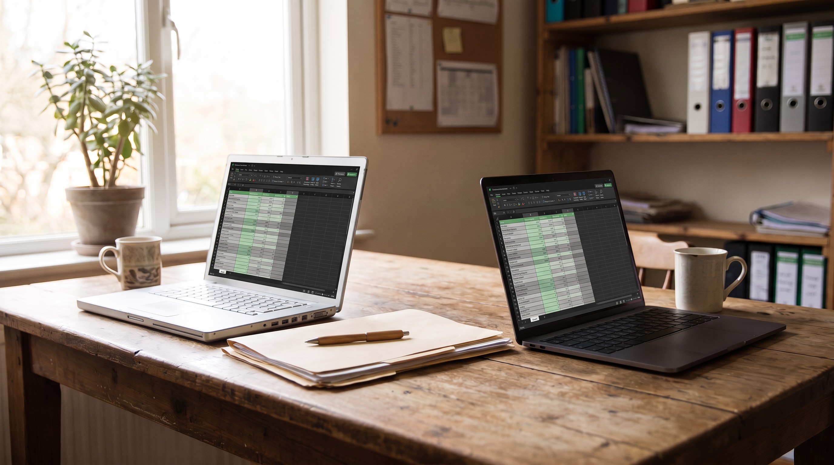 Two laptops side by side on a shared table in a small family business, two coffees and a stack of folders between them