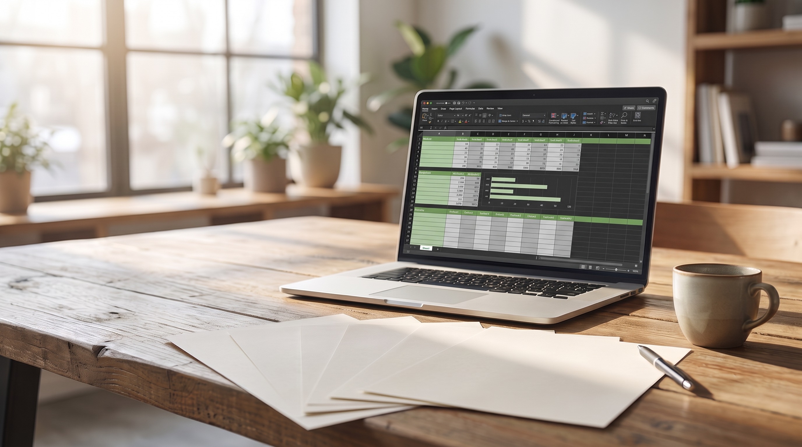 Laptop showing a spreadsheet with five printed sheets fanned face down on the desk, one pulled apart from the others, a pen and coffee