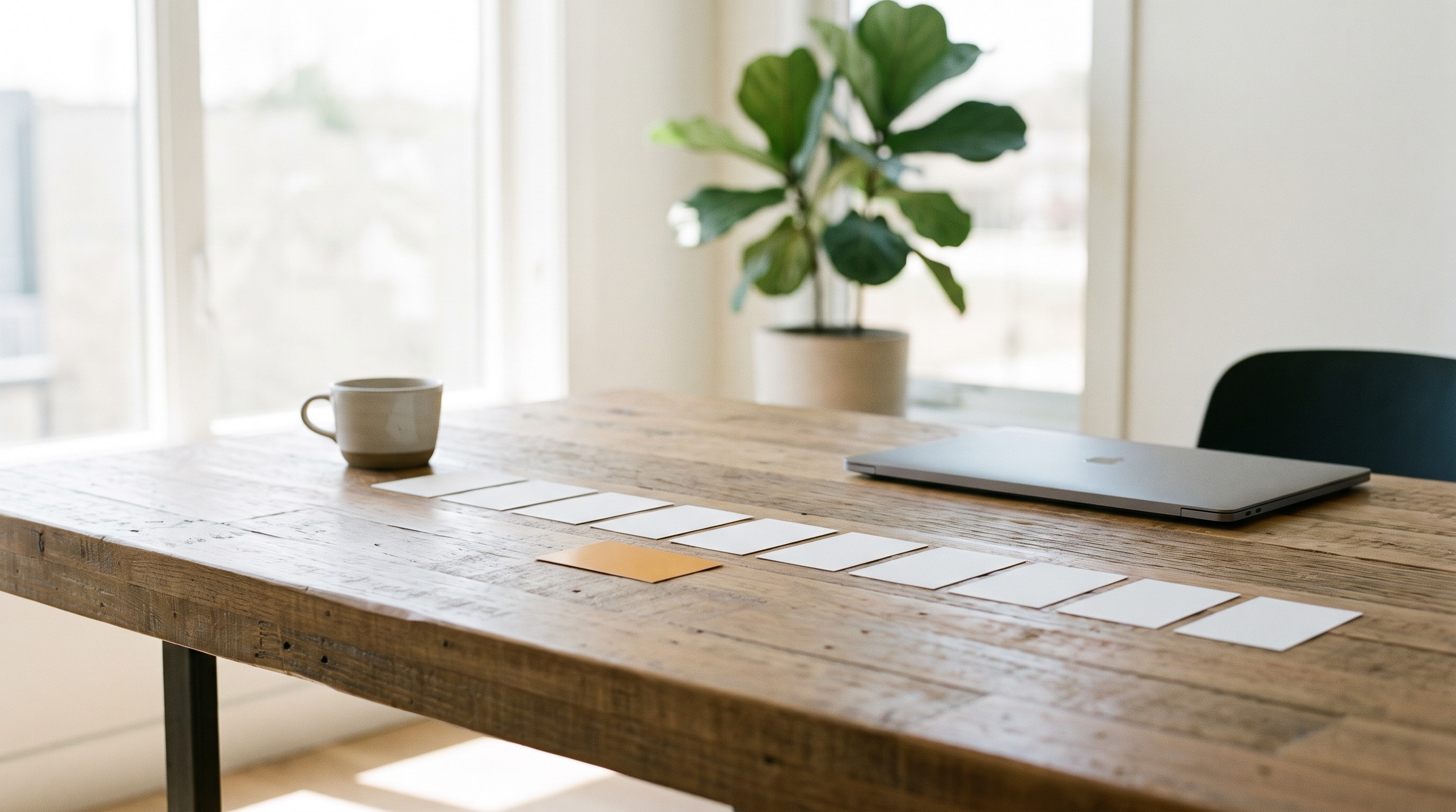 Row of blank white cards on a desk with one amber card set apart, beside a closed laptop and coffee