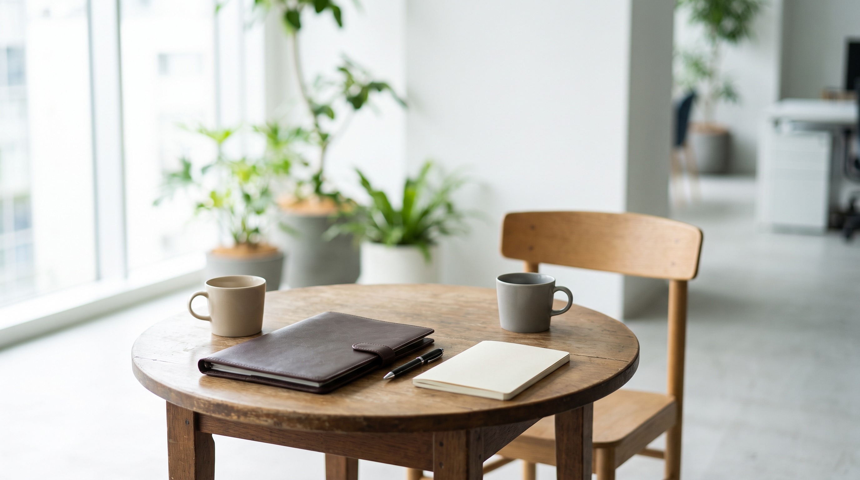 Small round meeting table with two coffees facing each other, a closed leather folder and an empty chair opposite