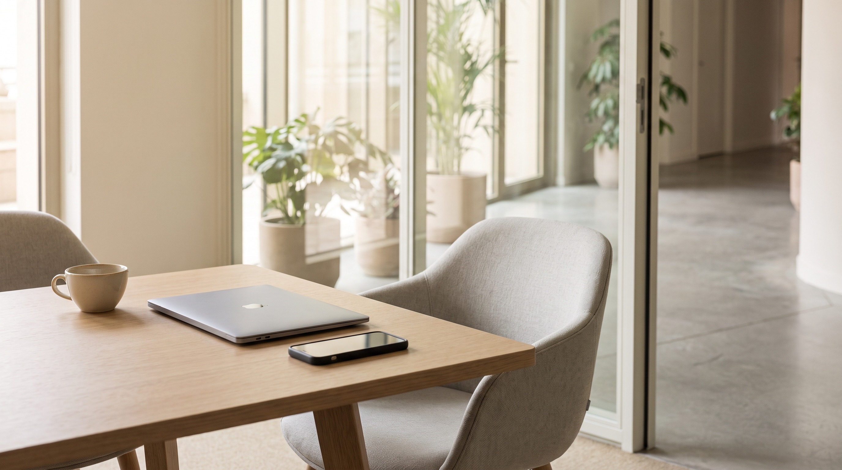 Meeting table with a closed laptop, a finished coffee and a phone face down, the chair opposite turned toward the door