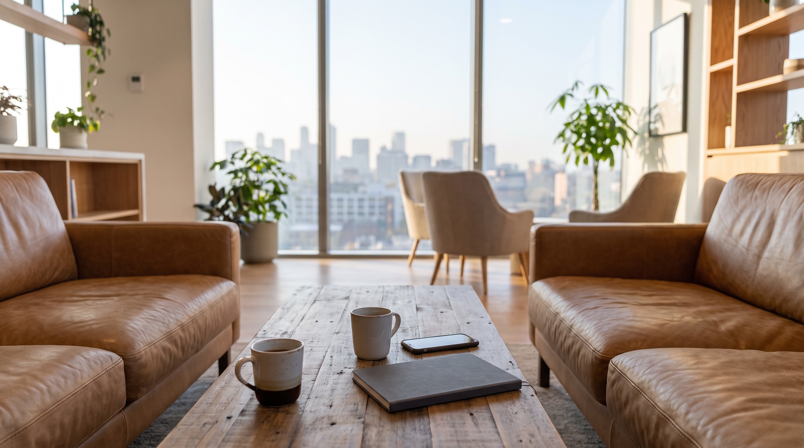 Two coffees on a low table in an office lounge by a large window, city soft in the background