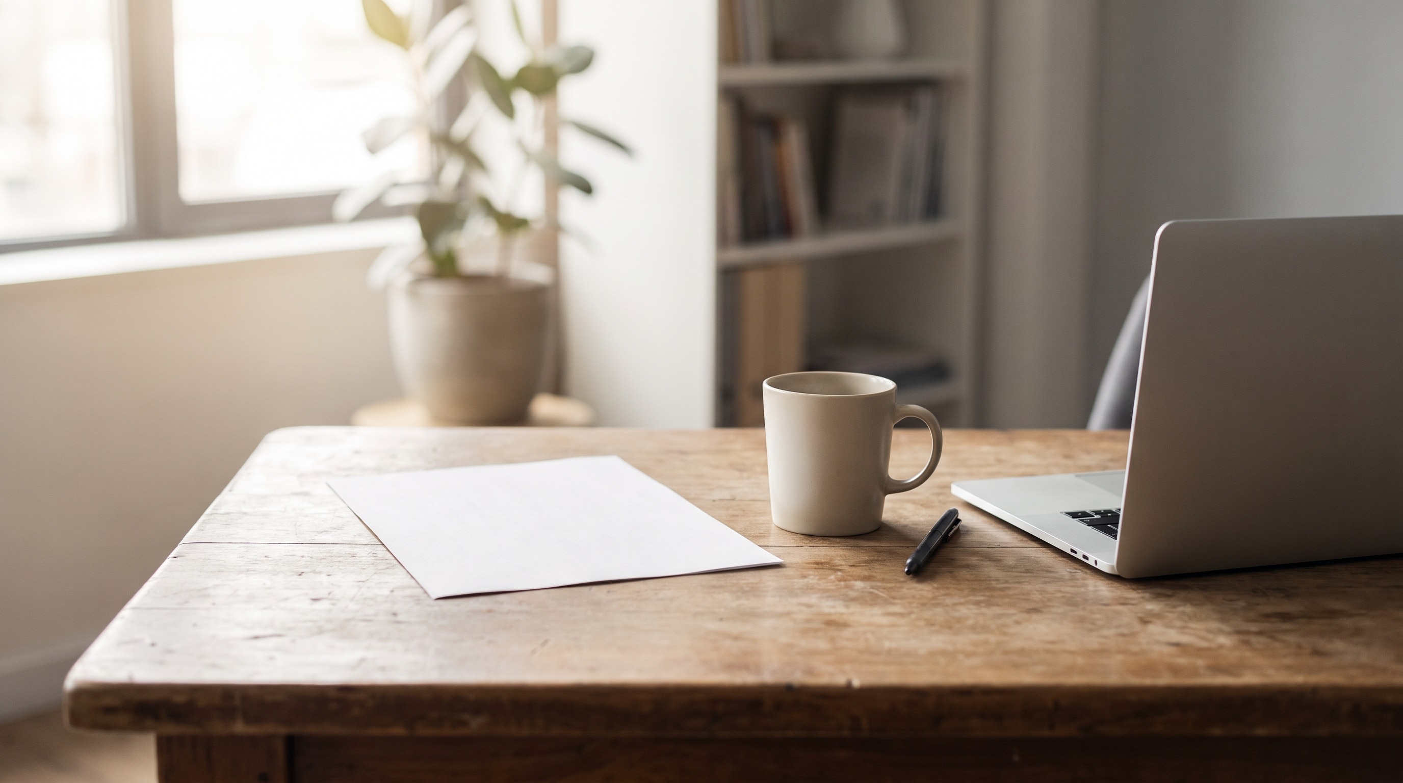 Cleared desk with one sheet of paper face down, a pen, a coffee and a closed laptop pushed to the side