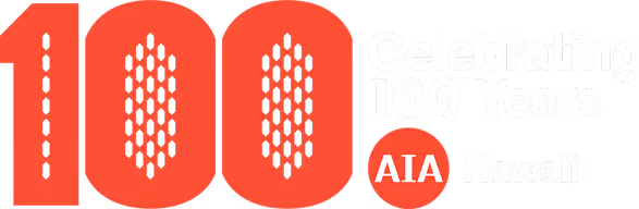 Logo with large red number 100 and text Celebrating 100 Years AIA Hawaii.