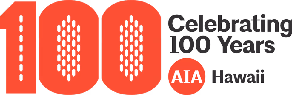 Logo with large red number 100 and text Celebrating 100 Years with a red circle containing AIA and the word Hawaii.