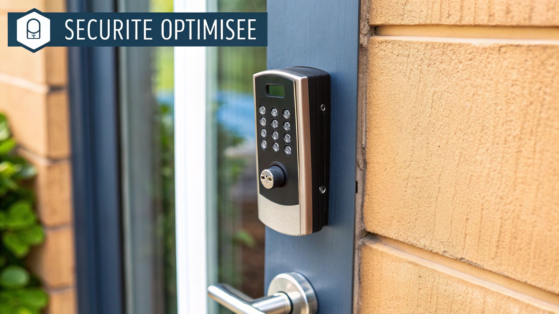 Une femme utilise son smartphone pour déverrouiller une serrure connectée sur une porte bleue.