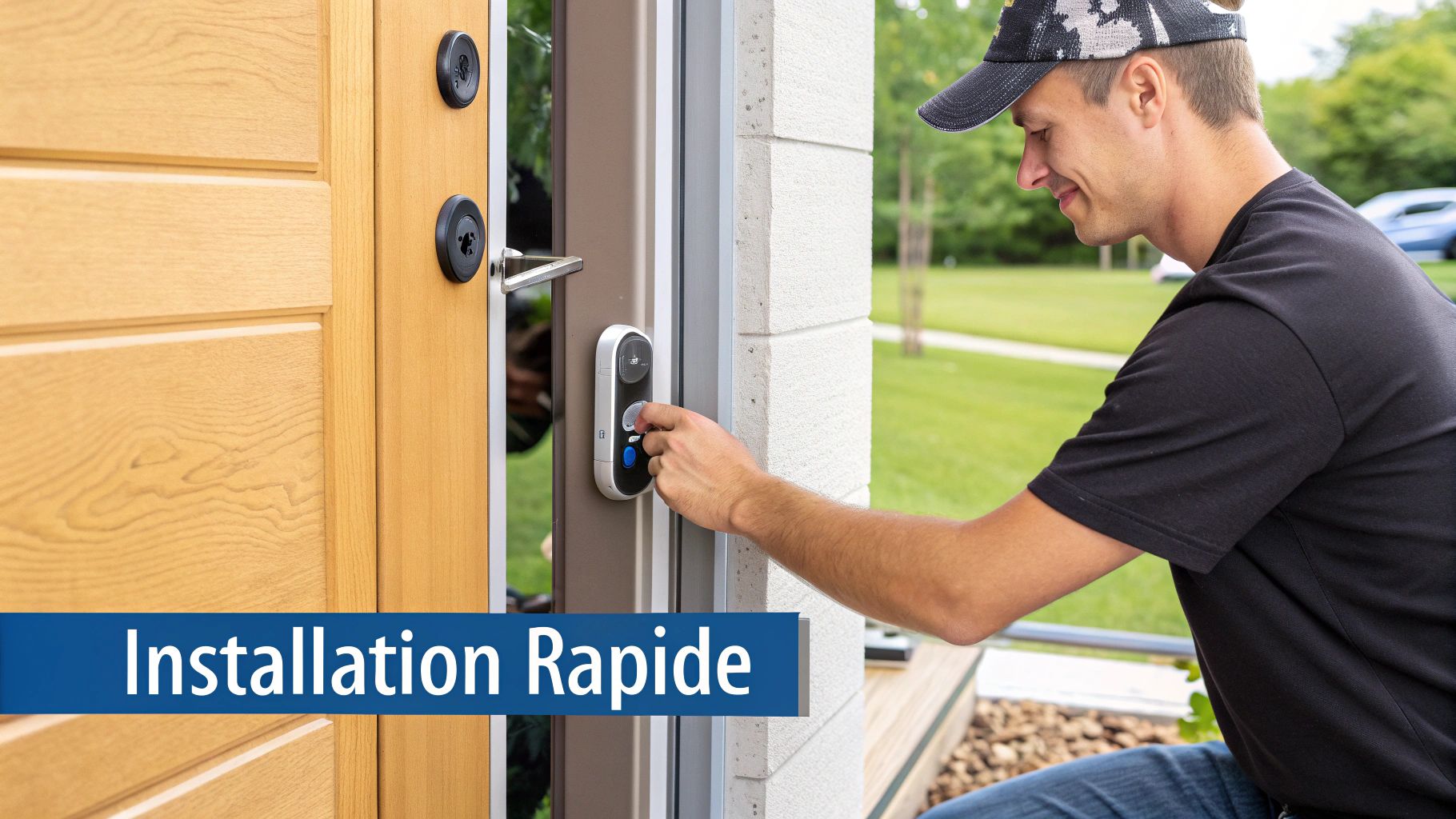 Une femme utilise son smartphone pour déverrouiller une smart lock.