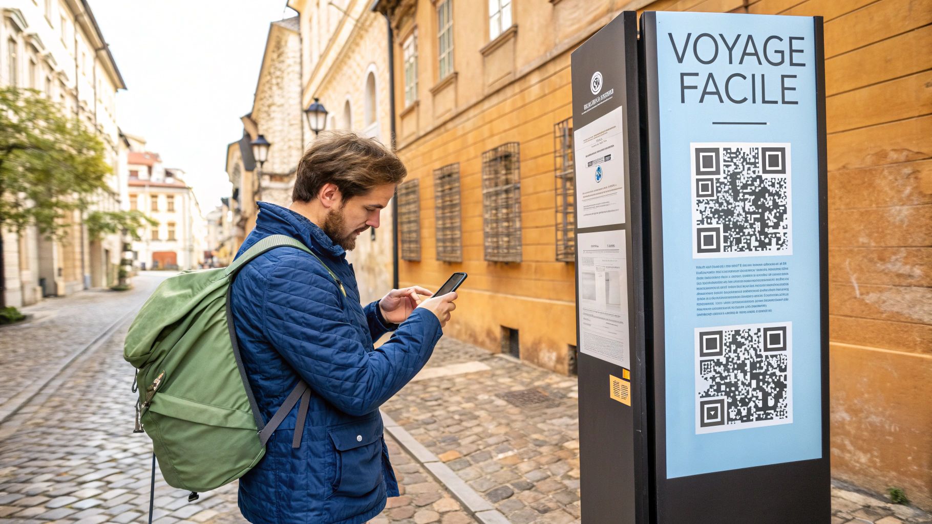 Une voyageuse souriante scannant un QR code avec son smartphone pour accéder à un guide numérique.