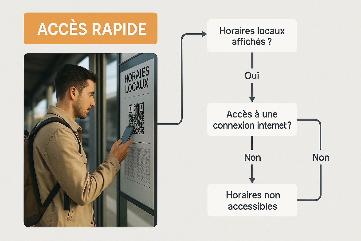Infographie montrant un voyageur scannant un QR code pour accéder à un guide numérique