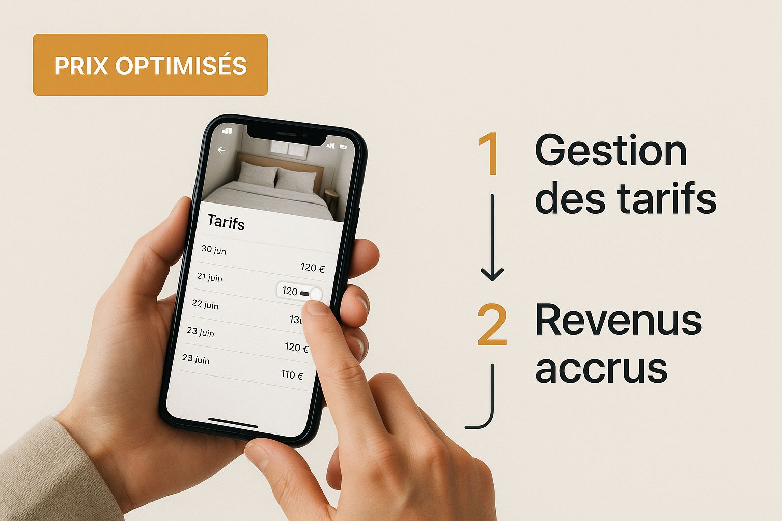 Un hôte qui optimise ses prix sur un smartphone, un exemple des décisions permises par un tableau de bord.