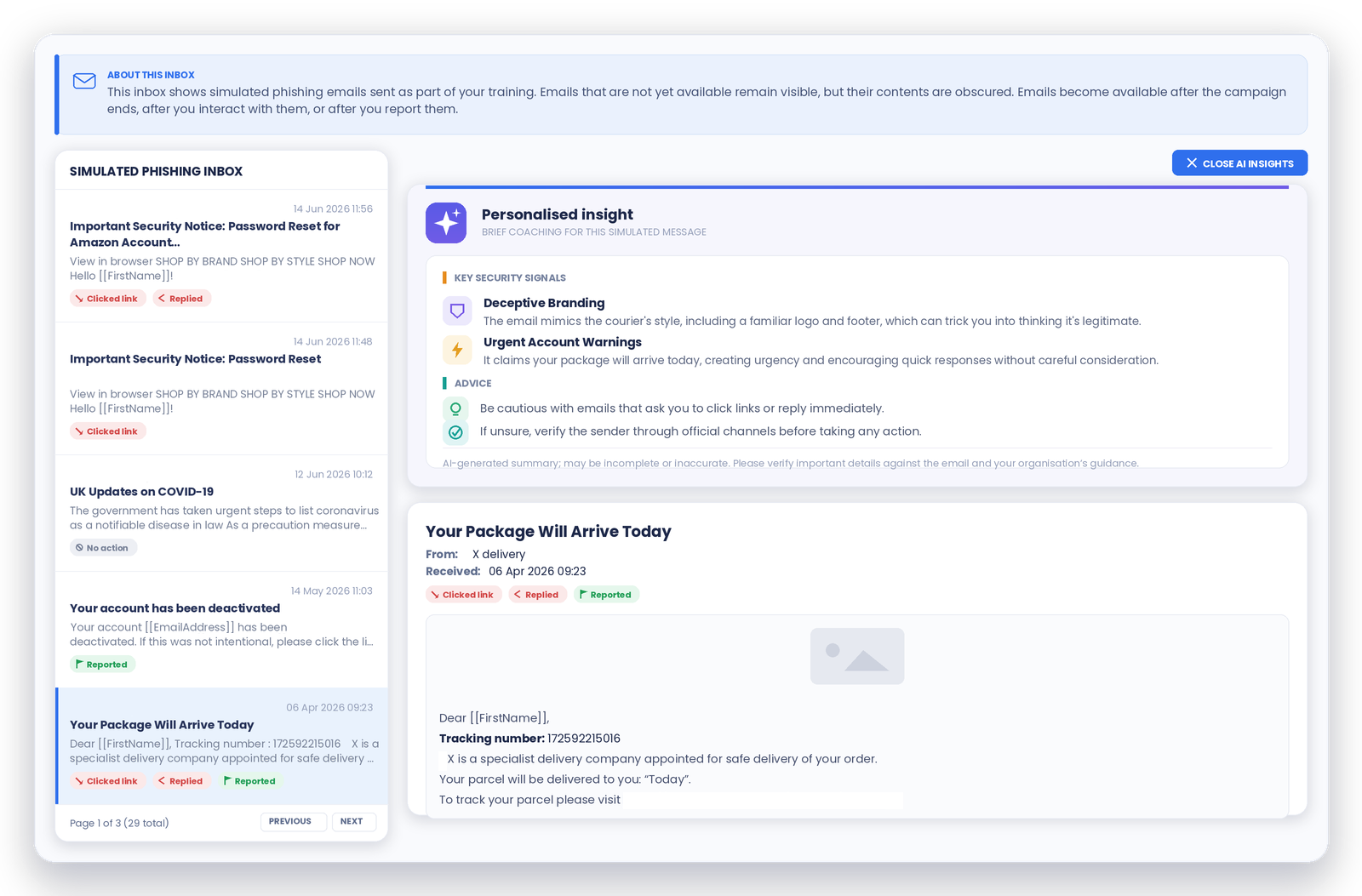 DeepSee AI training inbox with a Personalised insight panel coaching an employee through a simulated phishing email