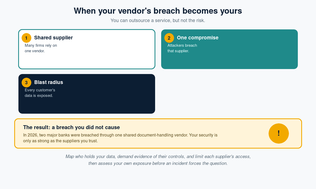 Diagram of third-party risk: many firms rely on one shared supplier, attackers breach it once, and every customer's data is exposed
